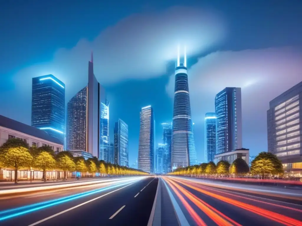 Metrópolis futurista: IoT ilumina la vida urbana Vibrante ciudad nocturna con edificios futuristas, iluminación inteligente IoT y vehículos autónomos