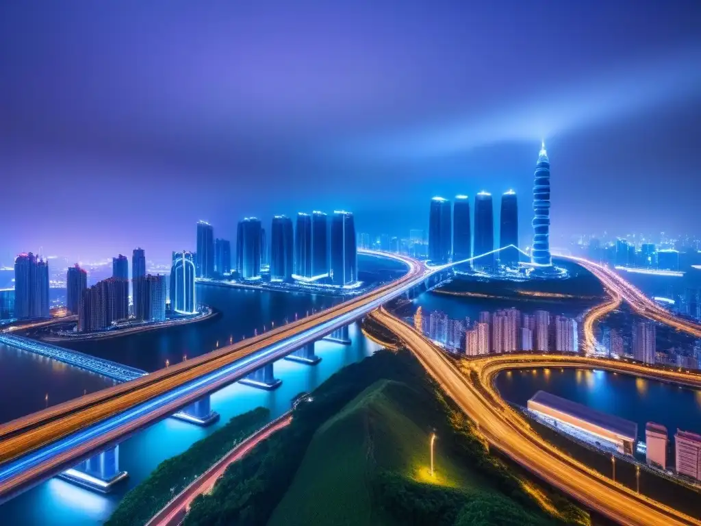 Cityscape nocturno: vibrante y futurista en la Ruta de la Franja y la Ruta Vibrante ciudad nocturna en la Franja Ruta, con rascacielos iluminados y tráfico futurista