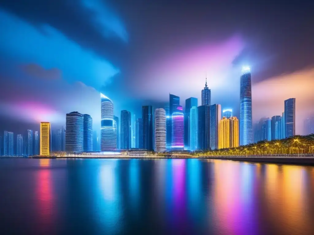 Espectacular skyline nocturno de una ciudad vibrante en 8k Vibrante ciudad nocturna iluminada, reflejada en un río sereno