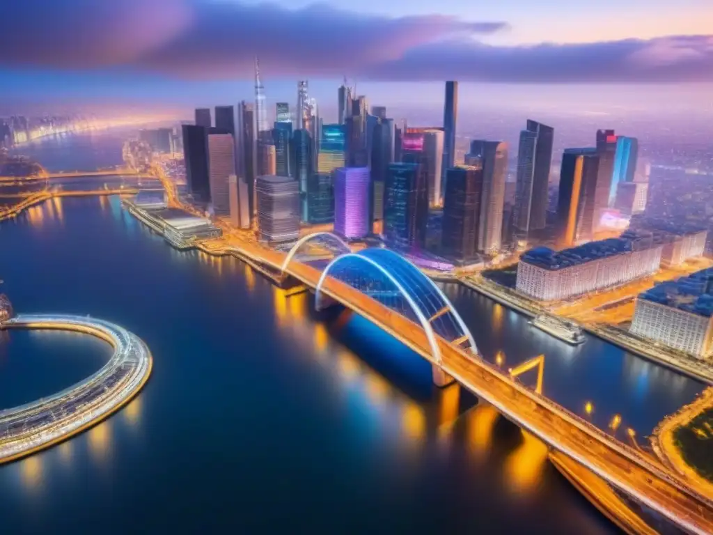 Vista aérea nocturna de ciudad cautivante con luces vibrantes Vibrante ciudad nocturna iluminada por luces coloridas, símbolo de inversiones inmobiliarias internacionales análisis predictivo