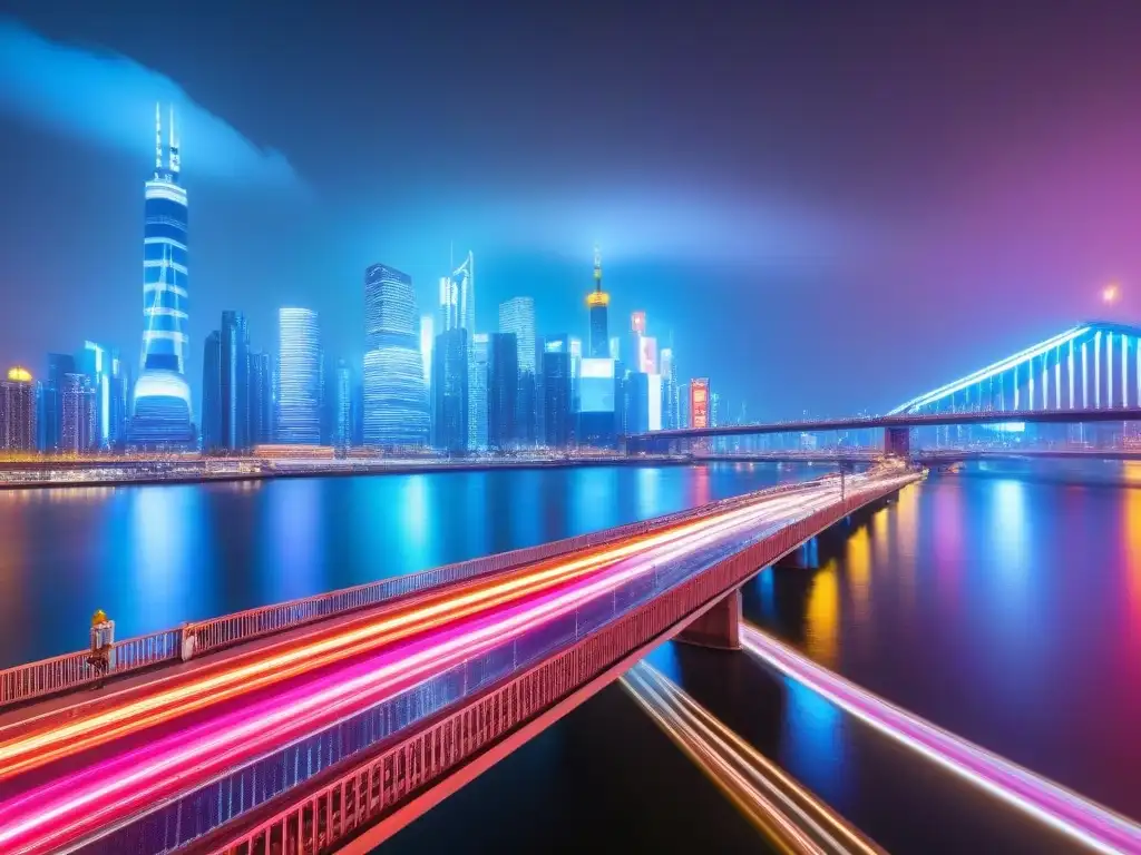 Metrópolis nocturna: neón y movimiento en la ciudad futurista Vibrante ciudad nocturna con impacto futurista en valor de propiedades, reflejada en río brillante