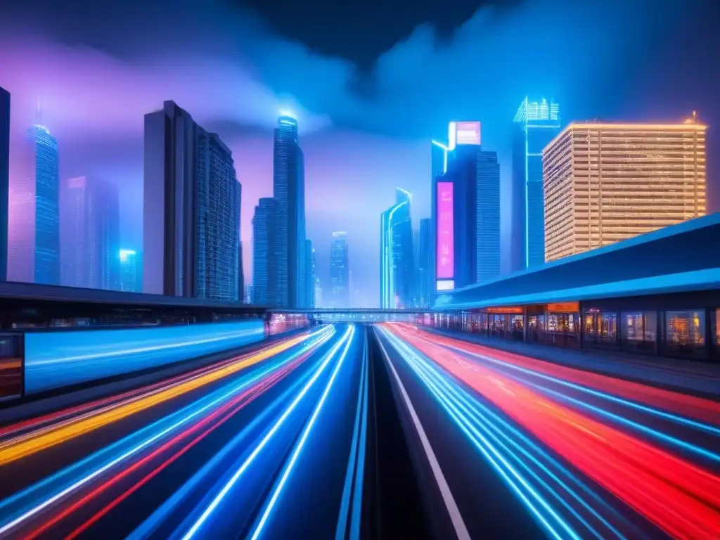 Metrópolis futurista: luces neón en ciudad digital Vibrante ciudad nocturna con luces de neón, reflejos en rascacielos y vehículos futuristas