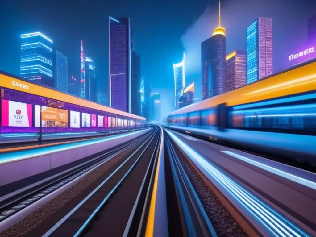 Metrópolis futurista: luces, drones y tren de alta velocidad Vibrante ciudad nocturna con luces de neón, drones futuristas y tren de alta velocidad