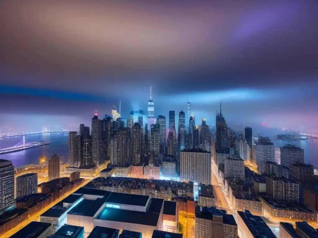 Metrópolis vibrante: nocturna en construcción Vibrante ciudad nocturna con modernos rascacielos iluminados