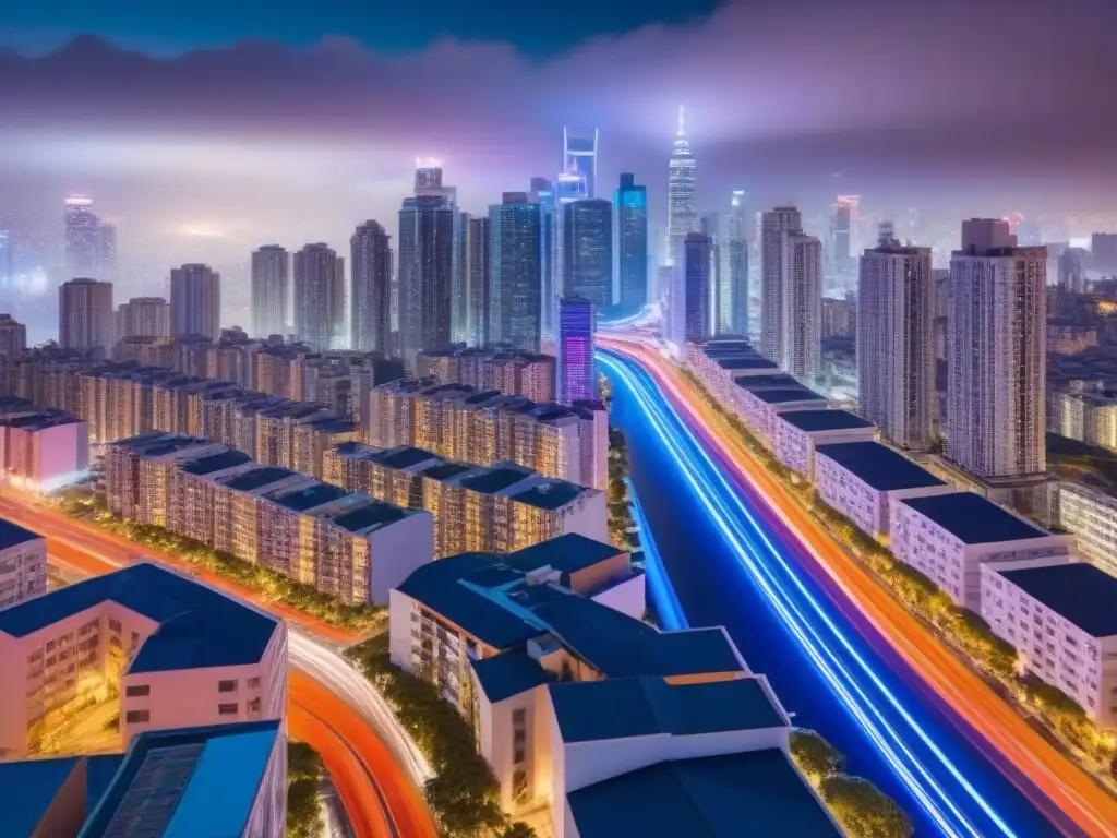 Vibrante ciudad nocturna: seguridad y modernidad en 8k Vibrante ciudad nocturna con modernos rascacielos iluminados por luces de neón, reflejando la importancia de políticas de seguridad en la valoración inmobiliaria