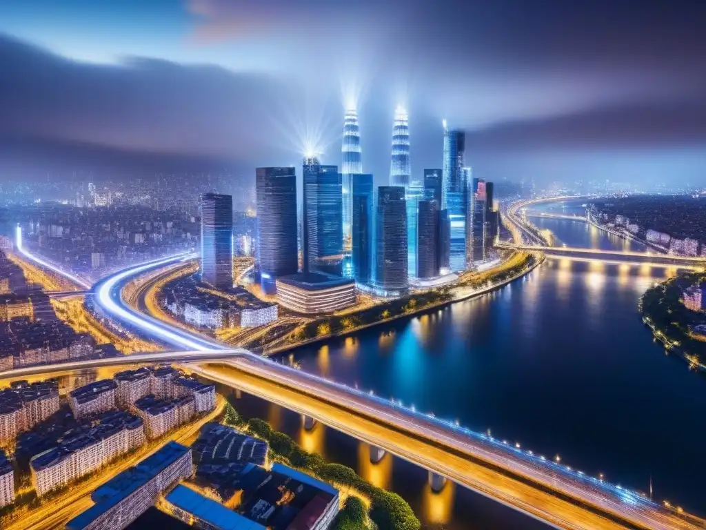 Esplendor nocturno: metrópolis vibrante de luces y progreso Vibrante ciudad nocturna: modernos rascacielos iluminados, autopistas y río