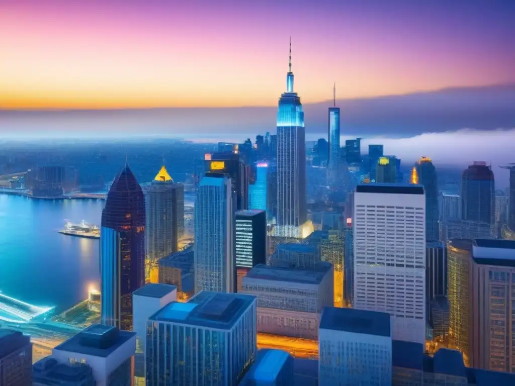Vibrante ciudad nocturna con oficina inmobiliaria futurista y profesionales colaborando en estrategias redes sociales inmobiliarias internacionales