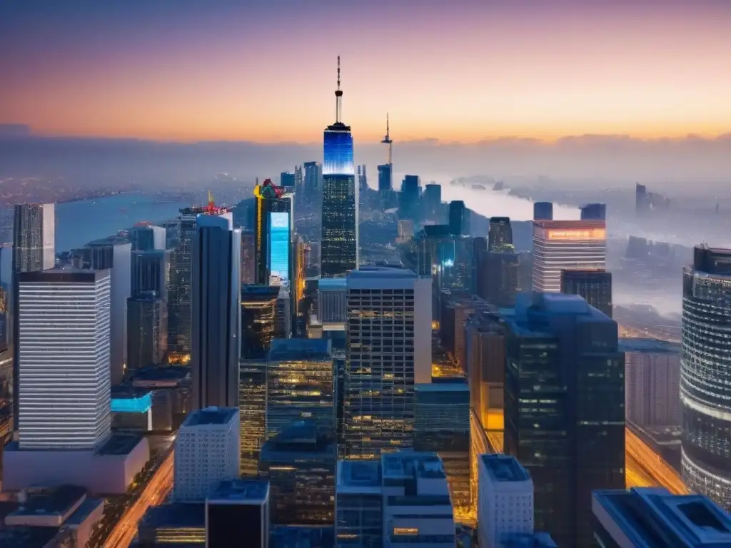 Skyline nocturno: comercio global y seguros comerciales internacionales Vibrante ciudad nocturna con profesionales y modernos edificios iluminados