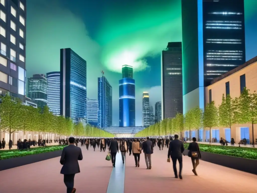 Metrópolis vibrante: migrantes e inversores en una ciudad global Vibrante ciudad nocturna con rascacielos iluminados y gente diversa en aceras brillantes