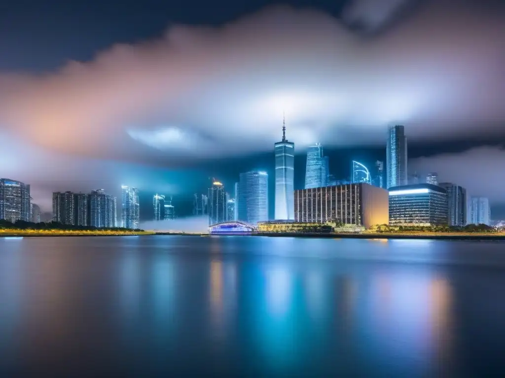 Inversión inmobiliaria nocturna: diversidad de propiedades en la ciudad Vibrante ciudad nocturna con rascacielos iluminados y reflejados en un río, simbolizando los Derechos de propiedad en inversiones