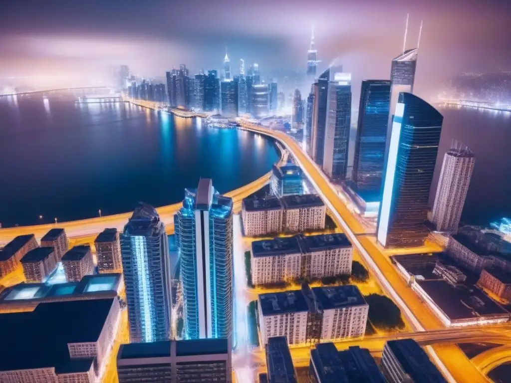 Metrópolis nocturna: energía y tecnología en el sector inmobiliario Vibrante ciudad nocturna con rascacielos iluminados y calles rebosantes de vida