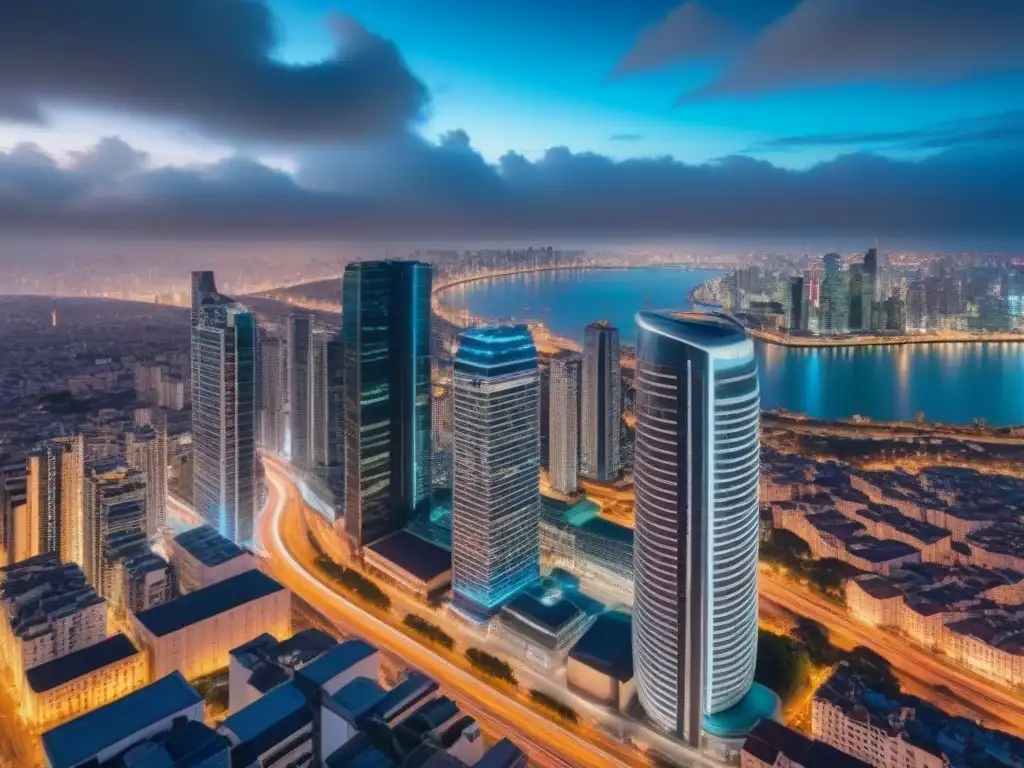 Metrópolis nocturna: rascacielos iluminados y carreteras vibrantes Vibrante ciudad nocturna con rascacielos iluminados y carreteras llenas de autos, ideal para marketing inmobiliario internacional personalizado