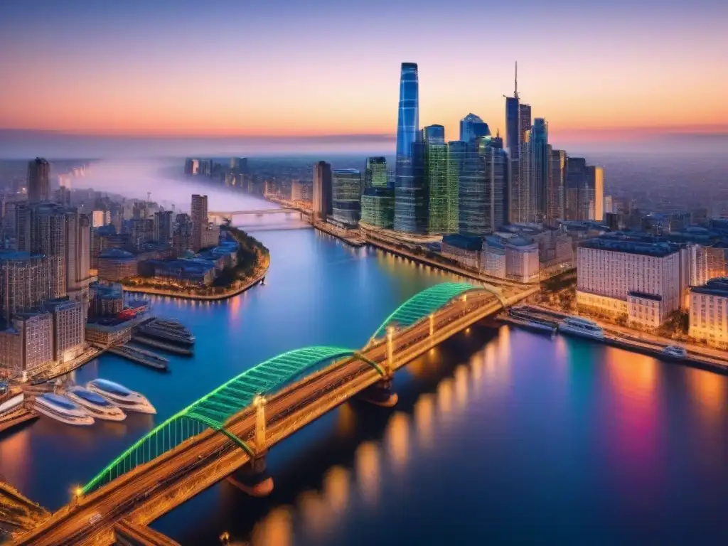 Vibrante skyline nocturno: modernidad e historia iluminadas Vibrante ciudad nocturna con rascacielos iluminados y edificios históricos, reflejo de inversiones inmobiliarias internacionales