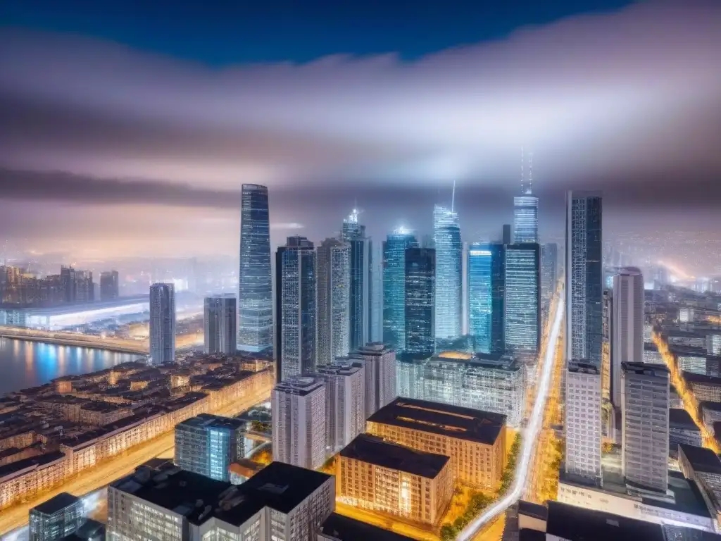 Skyline nocturno: crecimiento urbano y REITs Vibrante ciudad nocturna con rascacielos iluminados y calles bulliciosas, reflejo de las tendencias demográficas en REITs