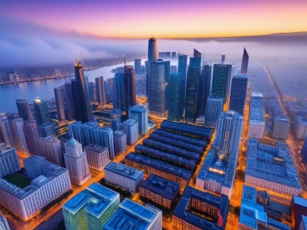 Cityscape diverso: inversión inmobiliaria global al atardecer Vibrante ciudad nocturna con rascacielos modernos y edificios históricos resaltando las ventajas del crowdfunding inmobiliario internacional