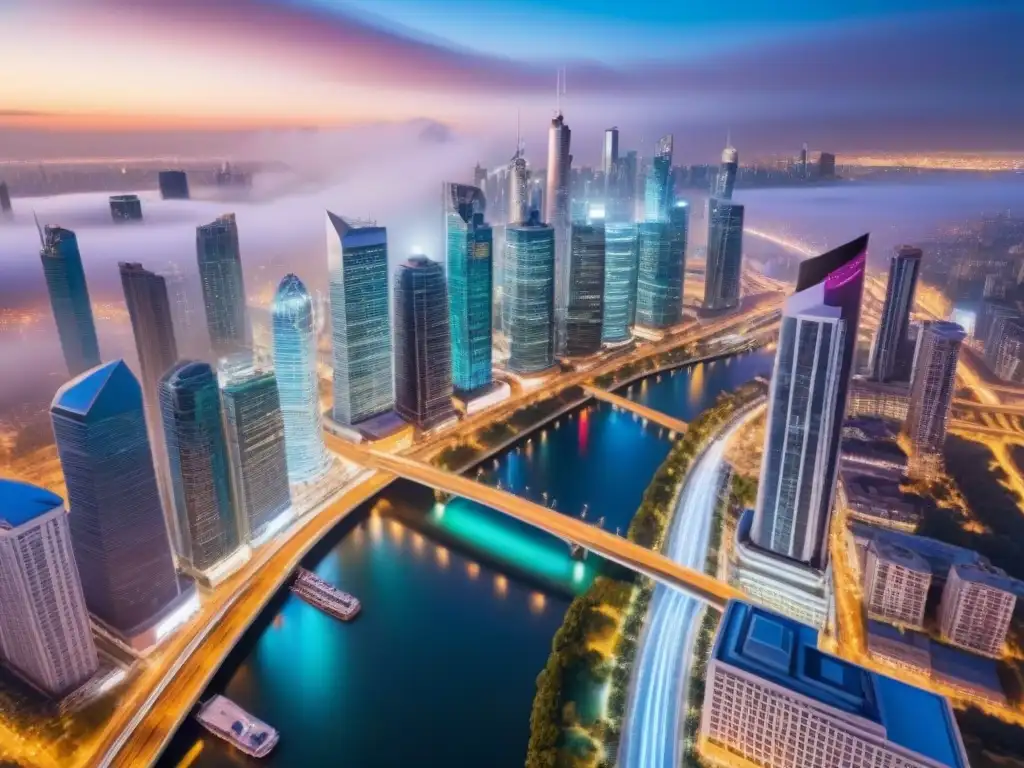 Esplendor urbano: Metrópolis en movimiento al anochecer Vibrante ciudad nocturna con rascacielos iluminados, reflejos en el río y luces de autos, ideal para estrategias marketing inmobiliario internacional