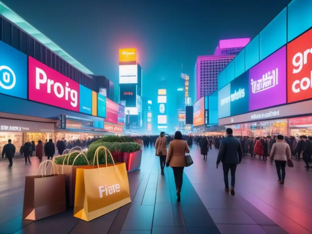 Metrópolis nocturna: fusión de comercio físico y digital en 8k Vibrante ciudad nocturna con rascacielos iluminados y centro comercial futurista