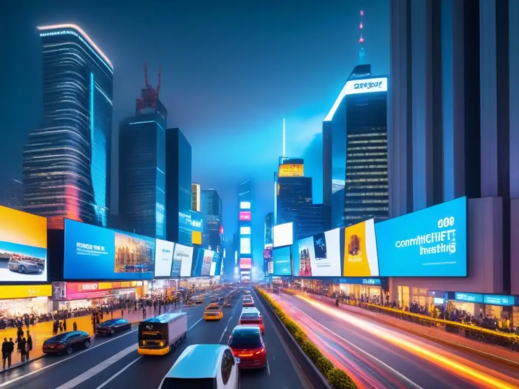 Metrópolis nocturna: la fusión futurista de tecnología y comercio urbano Vibrante ciudad nocturna con rascacielos iluminados, reflejando el impacto del ecommerce en inversiones comerciales