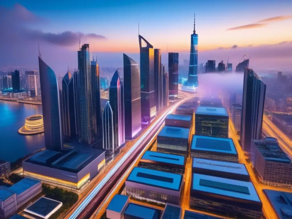 Metrópolis futurista: luces neón en rascacielos Vibrante ciudad nocturna con rascacielos iluminados y modernos sistemas de transporte