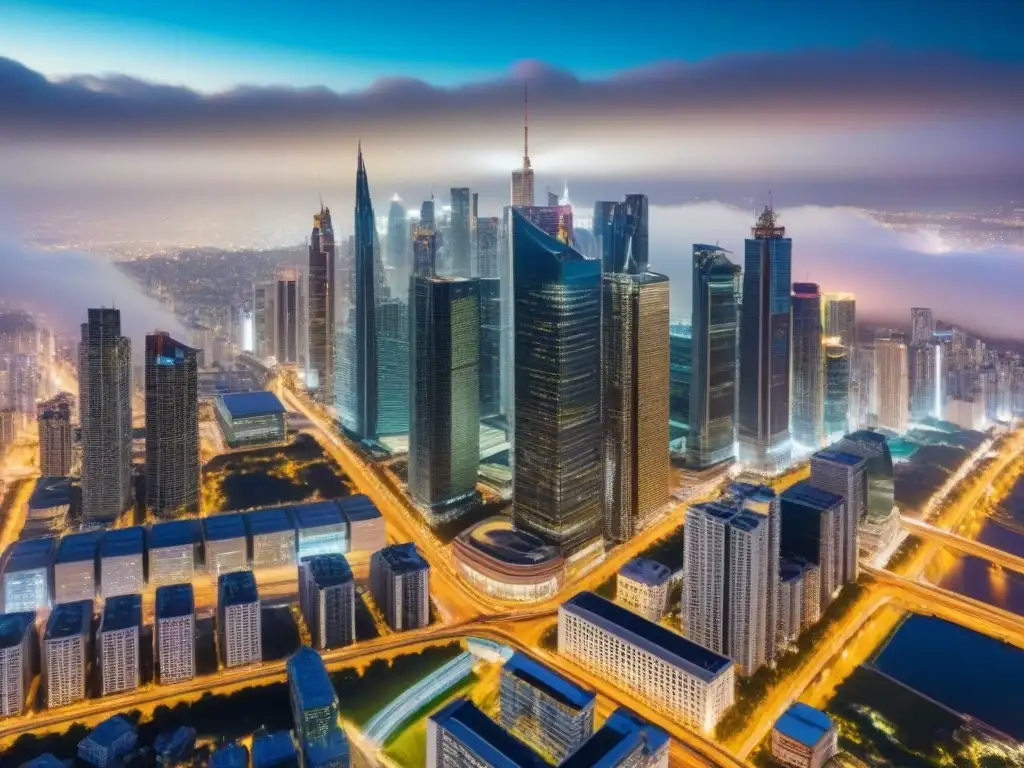 Deslumbrante ciudad nocturna: luces y arquitectura moderna Vibrante ciudad nocturna con rascacielos iluminados y carreteras llenas de luces, ideal para invertir en REITs internacionales rentables