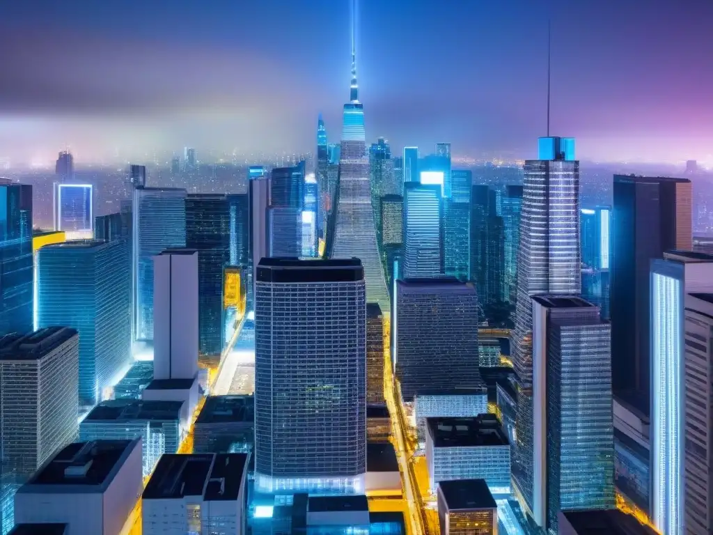 Vibrante ciudad nocturna con rascacielos futuristas y pantallas digitales mostrando datos inmobiliarios en tiempo real