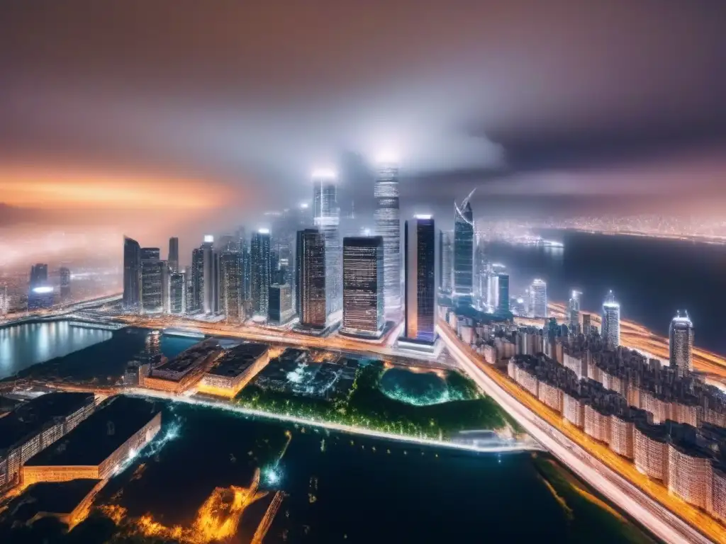 Horizonte nocturno: luces y finanzas globales Vibrante ciudad nocturna, rascacielos iluminados, reflejo del mercado internacional de seguros hipoteca