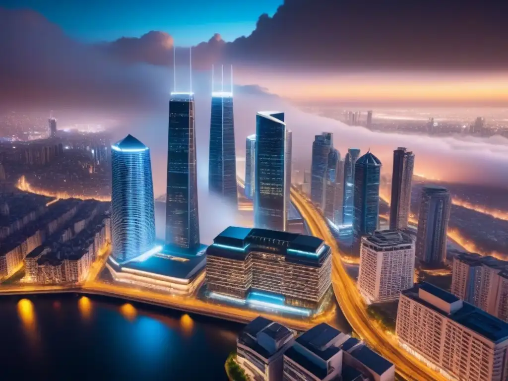 Metrópolis futurista: skyline nocturno en 8K Vibrante ciudad nocturna con rascacielos iluminados y río brillante, representando el financiamiento residencial fintech internacional