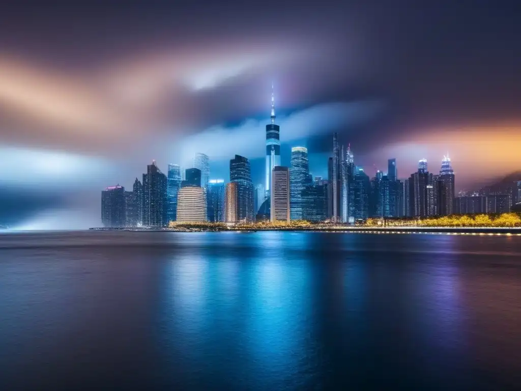 Horizonte nocturno de la ciudad: luces y prosperidad financiera Vibrante ciudad nocturna con rascacielos modernos iluminados y reflejos en el río, evocando financiamiento residencial fintech internacional
