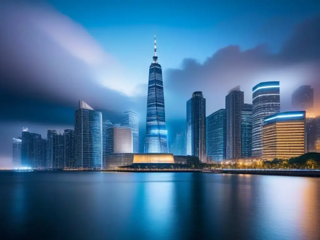 Skyline nocturno 8k de ciudad próspera y vanguardista Vibrante ciudad nocturna con rascacielos modernos iluminados y luces brillantes sobre cuerpos de agua, reflejando prosperidad e innovación