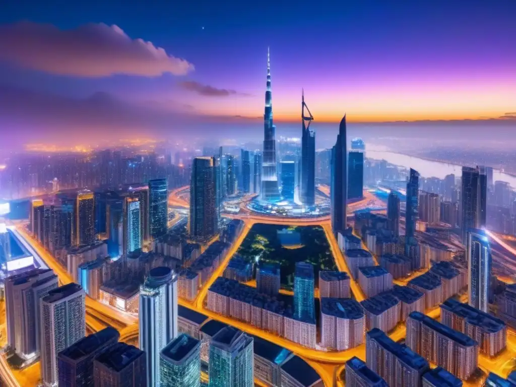 Metrópolis futurista: luces y arquitectura moderna en la noche Vibrante ciudad nocturna con rascacielos iluminados en Inversión desarrollos inmobiliarios internacionales