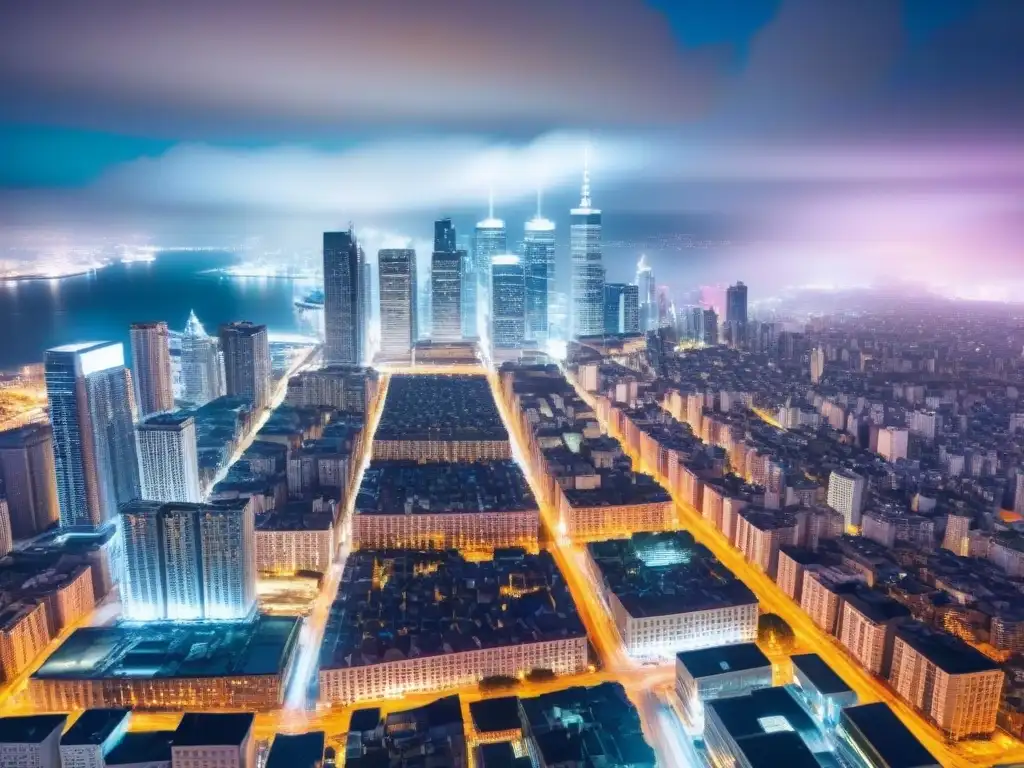 Espectacular vista aérea nocturna de la ciudad iluminada Vibrante ciudad nocturna con rascacielos iluminados y calles concurridas, reflejo del dinamismo urbano y estrategias ROI marketing inmobiliario