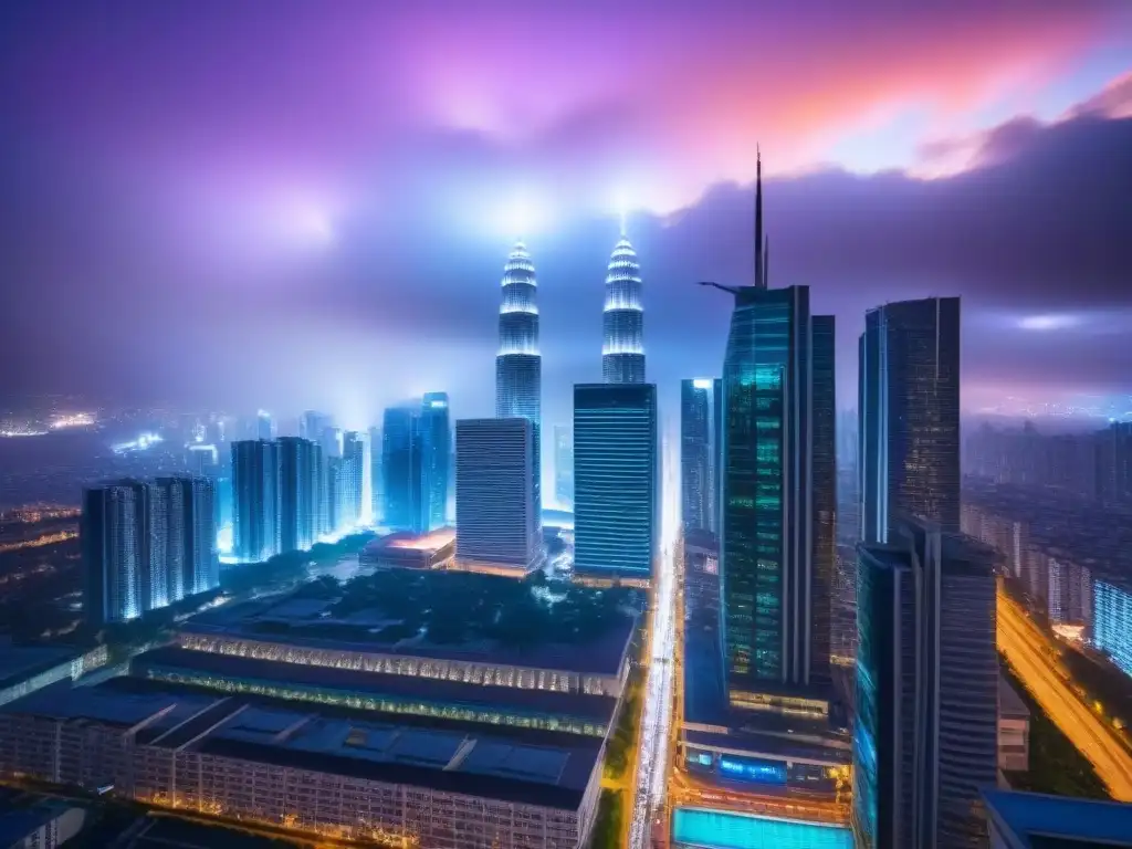 Metrópolis nocturna: luces y dinamismo en mercado inmobiliario global Vibrante ciudad nocturna con rascacielos iluminados y bulliciosa calle