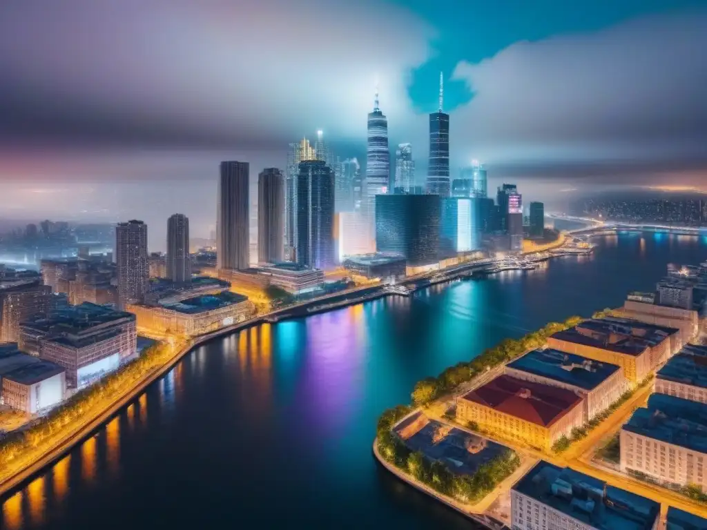Metrópolis nocturna: luces y modernidad en el río Vibrante ciudad nocturna con rascacielos iluminados reflejándose en el río, simbolizando la predicción mercado inmobiliario Norteamericano