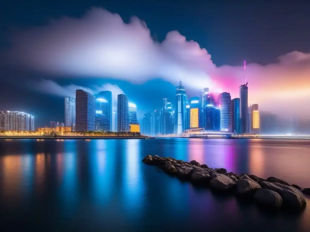 Horizonte nocturno: metrópolis moderna en 8k con luces neon Vibrante ciudad nocturna con rascacielos modernos iluminados por luces de neón sobre un río