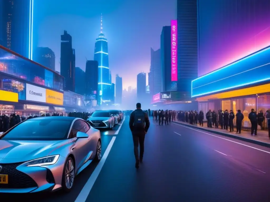 Metrópolis futurista: luces neón y arquitectura innovadora Vibrante ciudad nocturna, con rascacielos futuristas iluminados por luces neón, reflejando modernidad y sostenibilidad