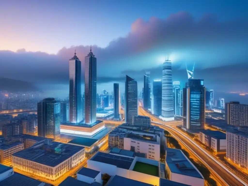 Cityscape nocturno 8k: oportunidades inmobiliarias globales Vibrante ciudad nocturna con rascacielos iluminados, calles llenas de actividad y ambiente futurista