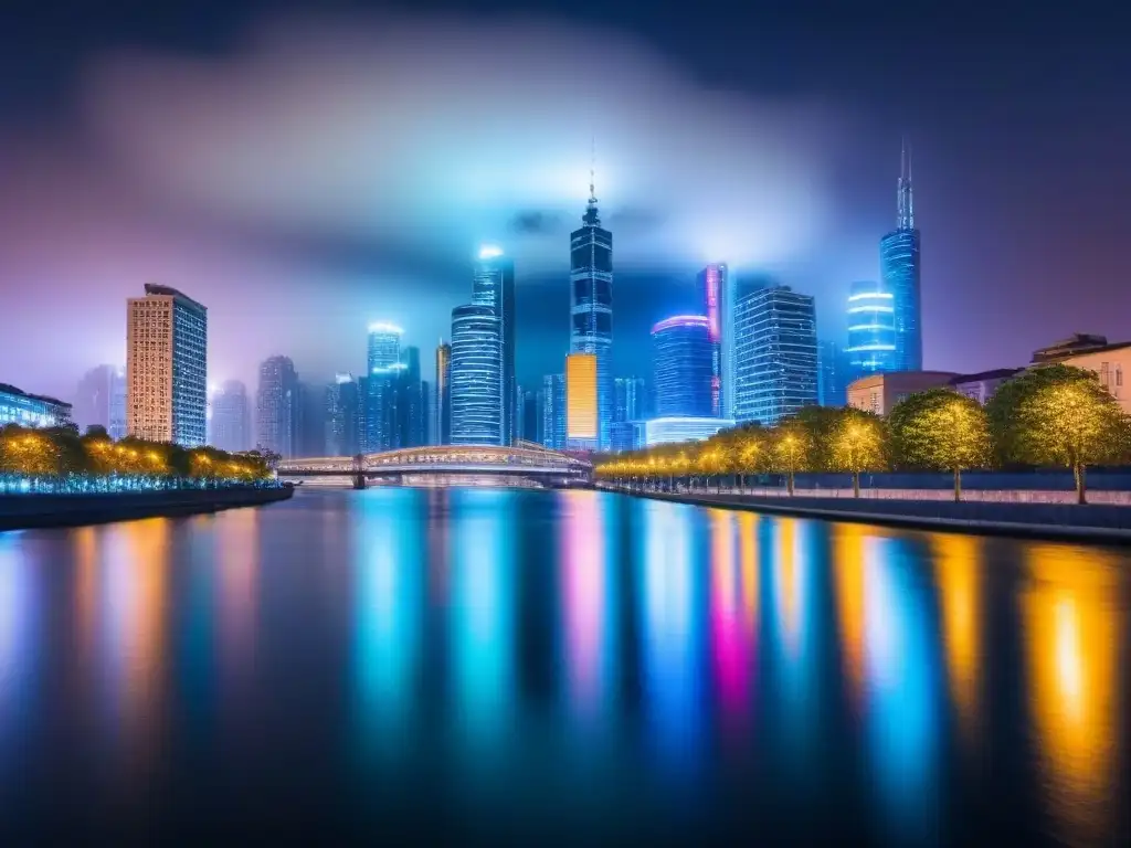 Horizonte nocturno urbano de lujo: luces y arquitectura futurista Vibrante ciudad nocturna con rascacielos iluminados y reflejos en el río