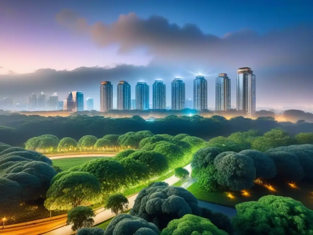 Vibrante ciudad nocturna con rascacielos iluminados y un parque verde, simbolizando la planificación sostenible ciudades crecimiento