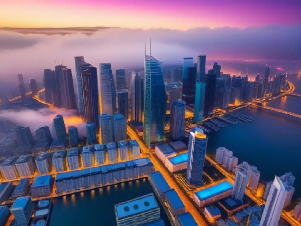 Vibrante ciudad nocturna: mercado inmobiliario y leyes de alquiler Vibrante ciudad nocturna, con rascacielos iluminados, refleja impacto de leyes inmobiliarias en ganancias alquiler internacional