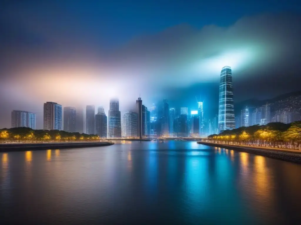 Esplendor urbano nocturno: luces en río en 8k Vibrante ciudad nocturna con rascacielos iluminados y río, reflejando regulaciones fiscales mercado inmobiliario internacional