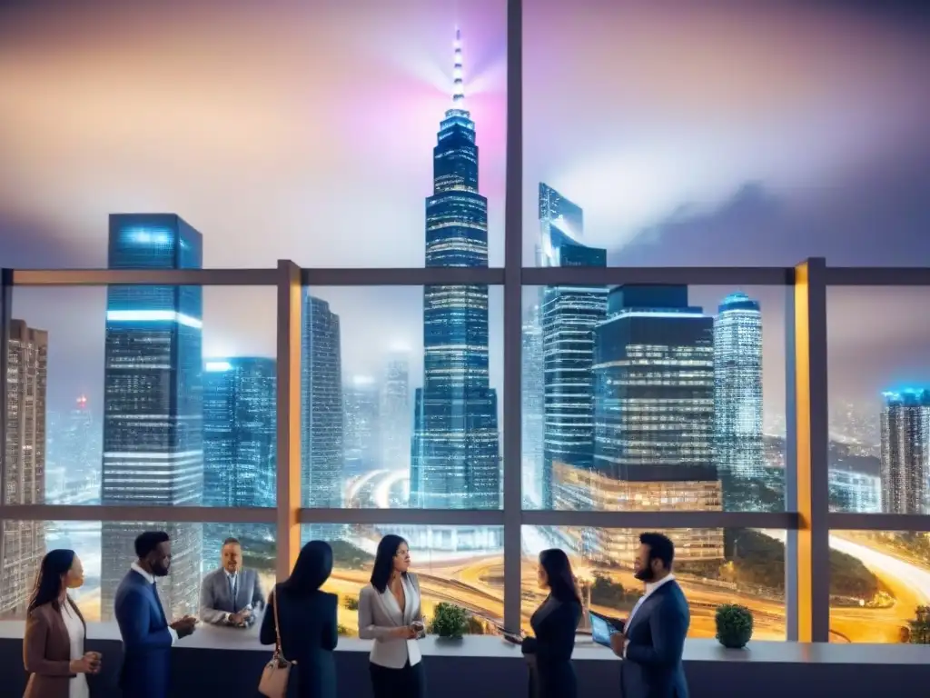 Inversiones éticas: Profesionales globales en la ciudad nocturna Vibrante ciudad nocturna con rascacielos iluminados y profesionales multiculturales, simbolizando inversiones inmobiliarias éticas internacionales