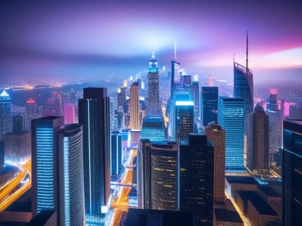 Vibrante ciudad nocturna: impacto global de reformas fiscales Vibrante ciudad nocturna con rascacielos iluminados por luces neón, personas debatiendo sobre la reforma fiscal mercado inmobiliario