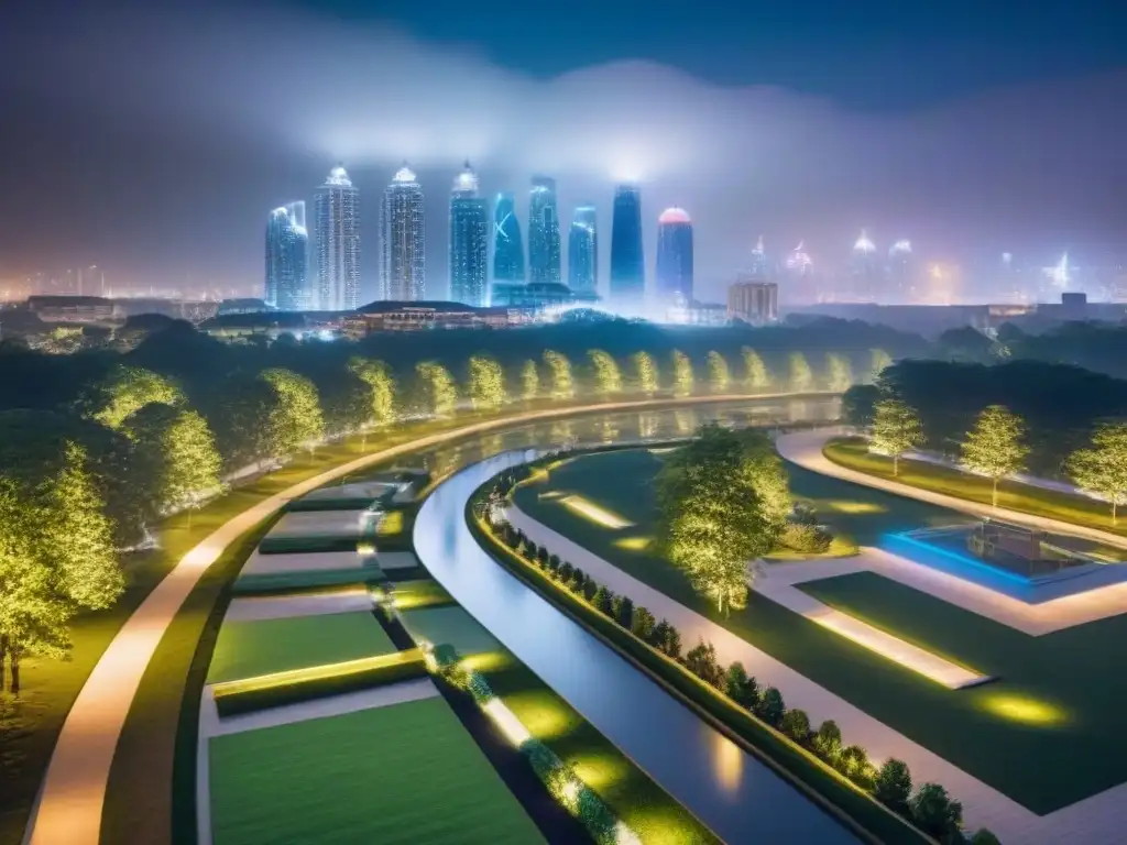 Vibrante ciudad nocturna con rascacielos modernos e innovadores, parque urbano futurista y Proyectos regeneración urbana internacional