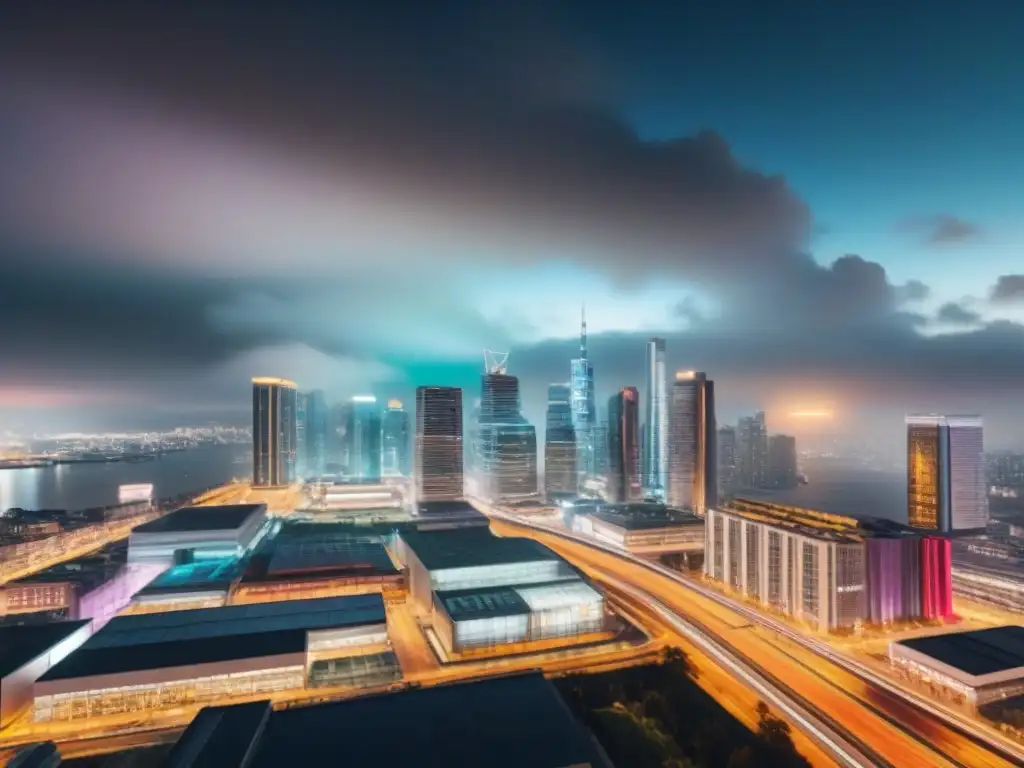 Metrópolis vibrante: luces neón en la noche Vibrante ciudad nocturna con rascacielos iluminados por luces neón, reflejando diversidad y potencial de inversión