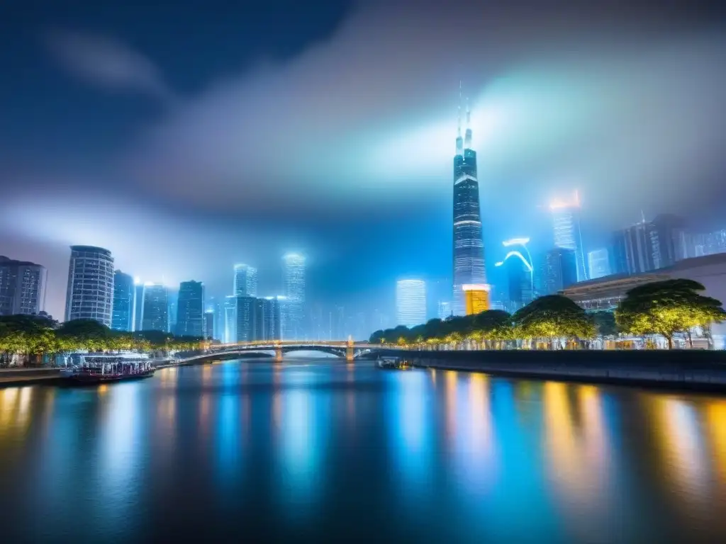 Vibrante mercado inmobiliario: luces y ríos Vibrante ciudad nocturna, rascacielos iluminados sobre río tranquilo