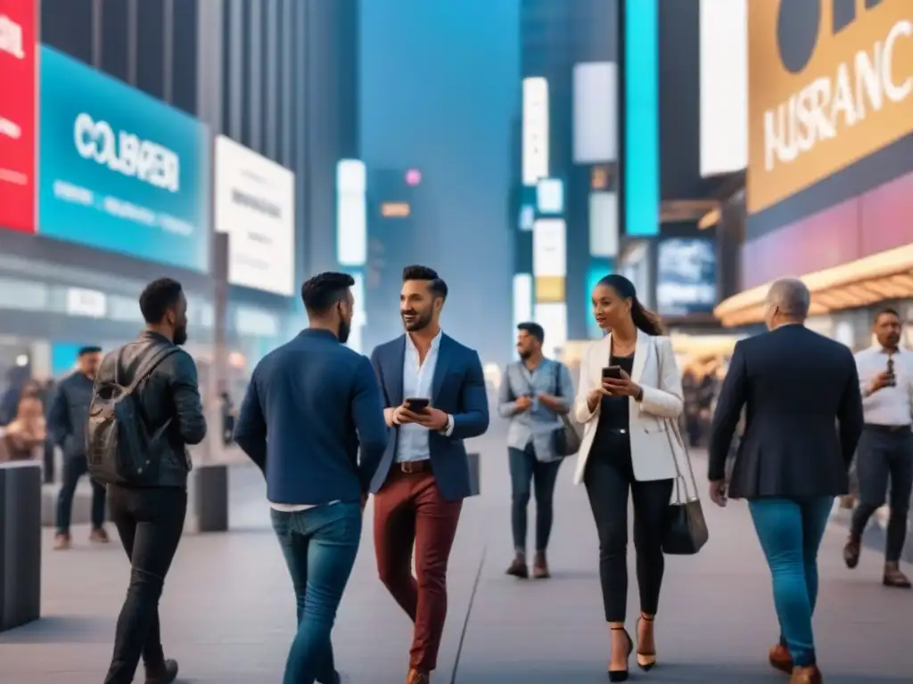 Vibrante ciudad nocturna: seguros comerciales para propiedades modernas Vibrante ciudad nocturna con rascacielos iluminados y gente diversa en la calle