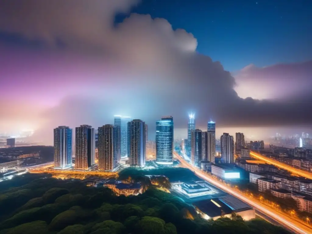 Horizonte urbano nocturno: modernidad y diversidad en iluminación Vibrante ciudad nocturna con rascacielos modernos iluminados y propiedades comerciales, bajo un cielo estrellado