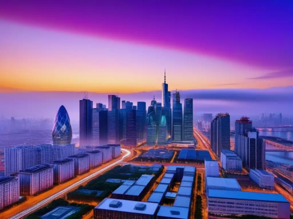 Futurismo urbano: skyline moderno al anochecer Vibrante ciudad nocturna con rascacielos iluminados, reflejos de vidrio y red de carreteras