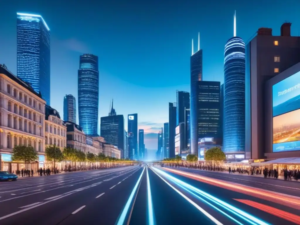 Metrópolis futurista: skyline iluminado y tecnología integrada Vibrante ciudad nocturna con rascacielos iluminados y tecnología de ciudades inteligentes inversión PropTech