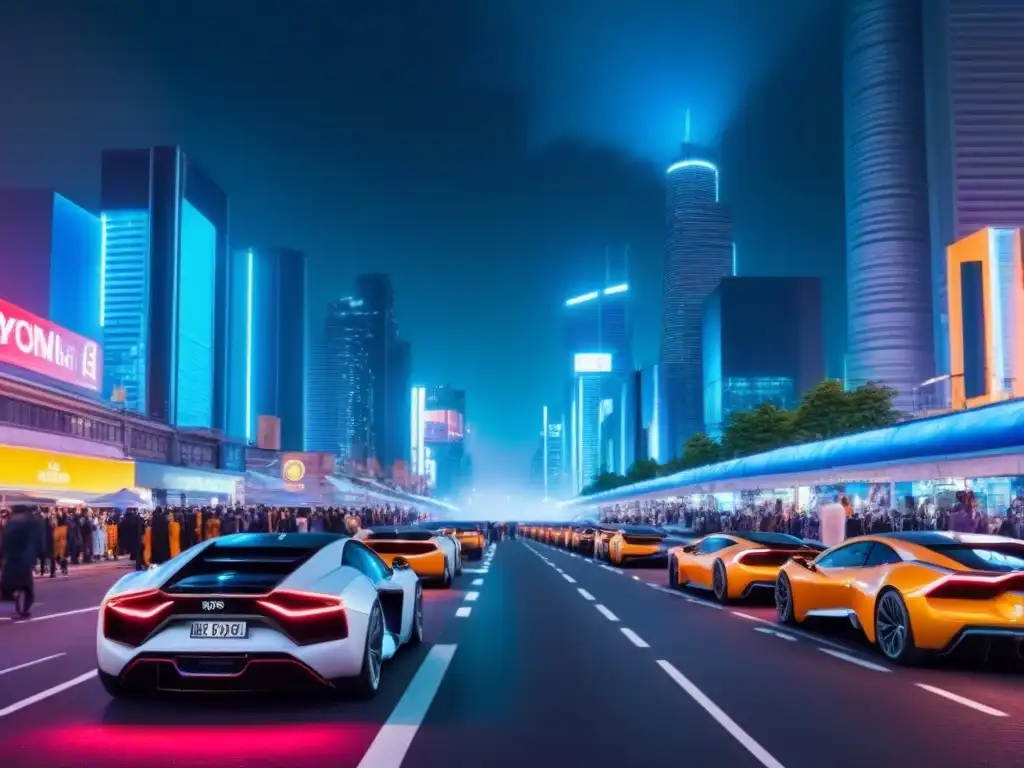 Metrópolis futurista: luces neon y movilidad sostenible Vibrante ciudad nocturna con rascacielos iluminados y vehículos eléctricos, reflejo de una economía circular en inversión inmobiliaria internacional